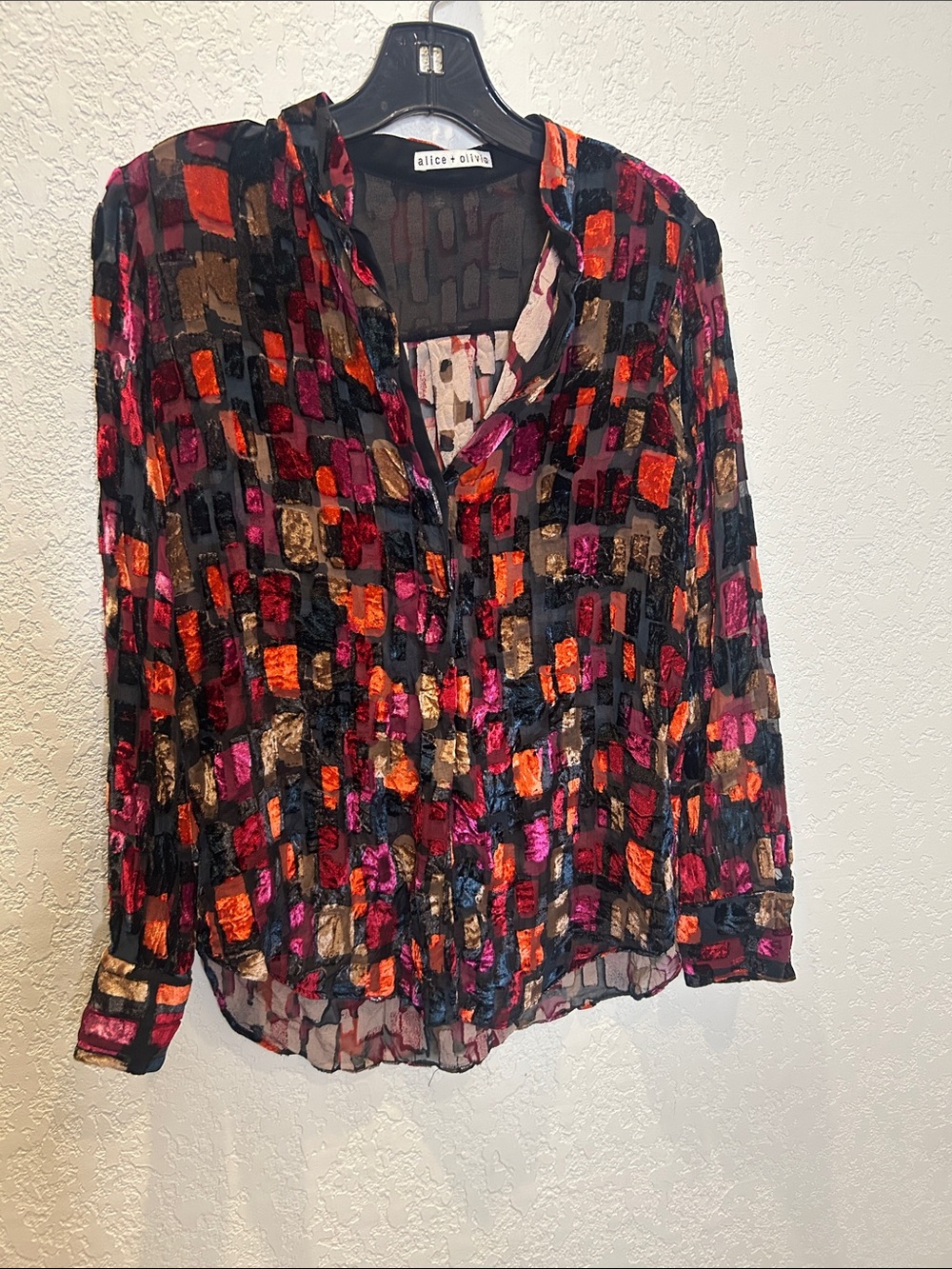Alice + Olivia Black Multicolor Velvet Burnout Button-Front Blouse